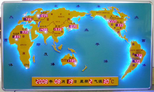 整體式世界時(shí)間屏/酒店前臺(tái)鐘/星級(jí)酒店背景墻掛鐘